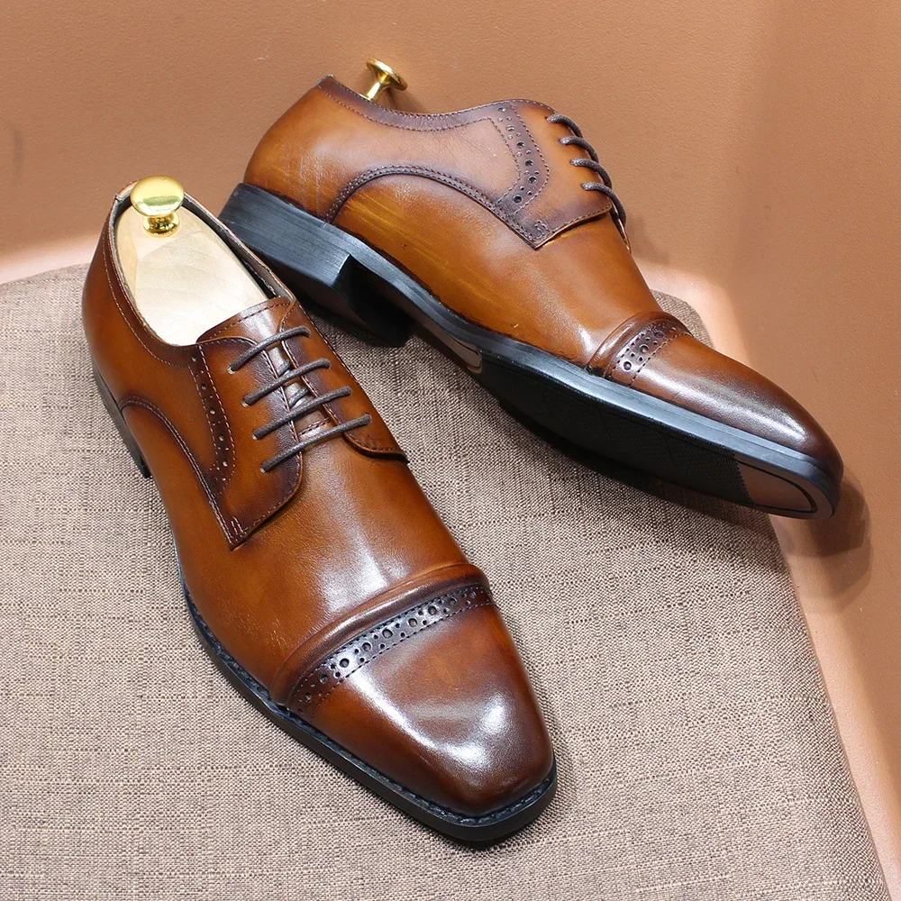 Men'S Shoes Smart - 丈夫なキャップトゥオックスフォード、本革、艶出し加工、レースアップ、通気性、オールデイ、スマートカジュアル、オフィスワーク、会議、週末用シューズ