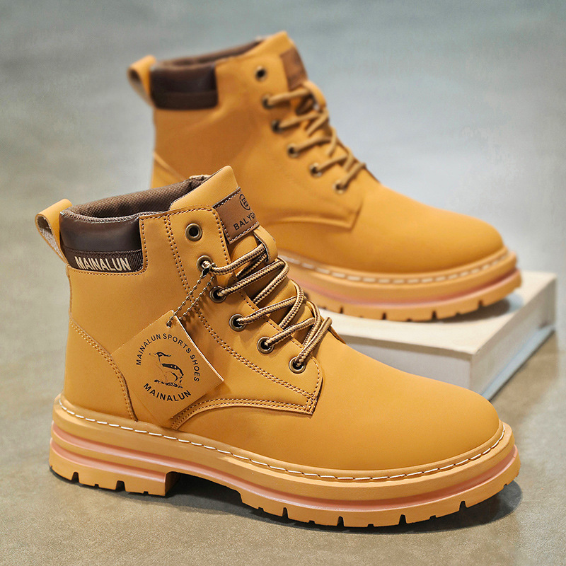 Canvas Sneaker High - クラシックメンズハイカットブーツ高品質イエローレザーブーツファッションアウトドアスニーカーメンズレースアップ滑り止めアンクルブーツメンズ