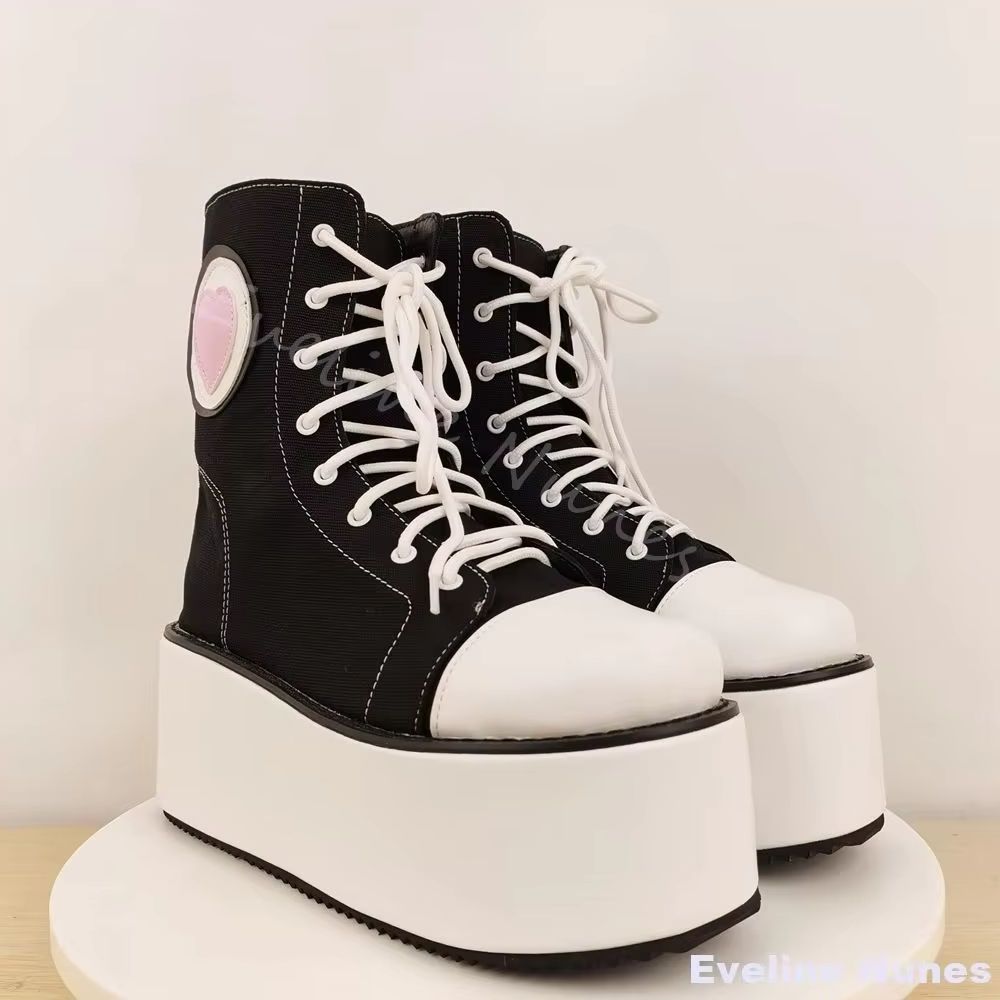 Canvas Sneaker High - 厚底ハイカットキャンバスシューズ レディース ラウンドクロス結び 身長アップ カジュアルスニーカー ストリートダンス