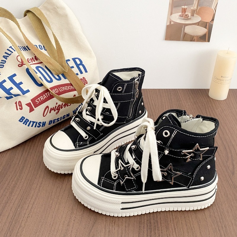 Canvas Sneaker High - 女性の靴新しい韓国語版チャンキースニーカー女性のためのファッションハイトップキャンバスカジュアルシューズデザイナーシューズ Zapatos De Mujer