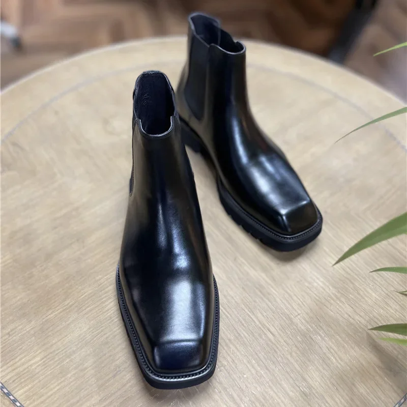 Men Shoes Elegant - エレガントなメンズ本革ブーツ高級手作り品質秋英国スタイルスリップオンファッション黒新しいアンクルソーシャルシューズ男