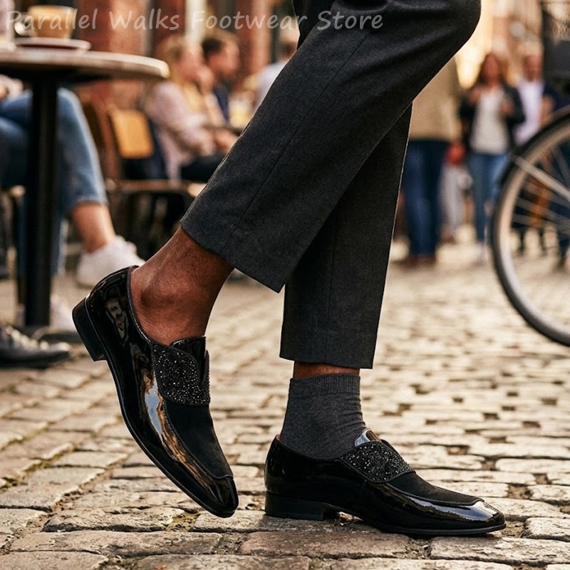 Men'S Shoes Smart - メンズブラックパテントフェイクスエードラインストーンローファー スリッポン ドレスシューズ クリスタル スマートカジュアル タキシード