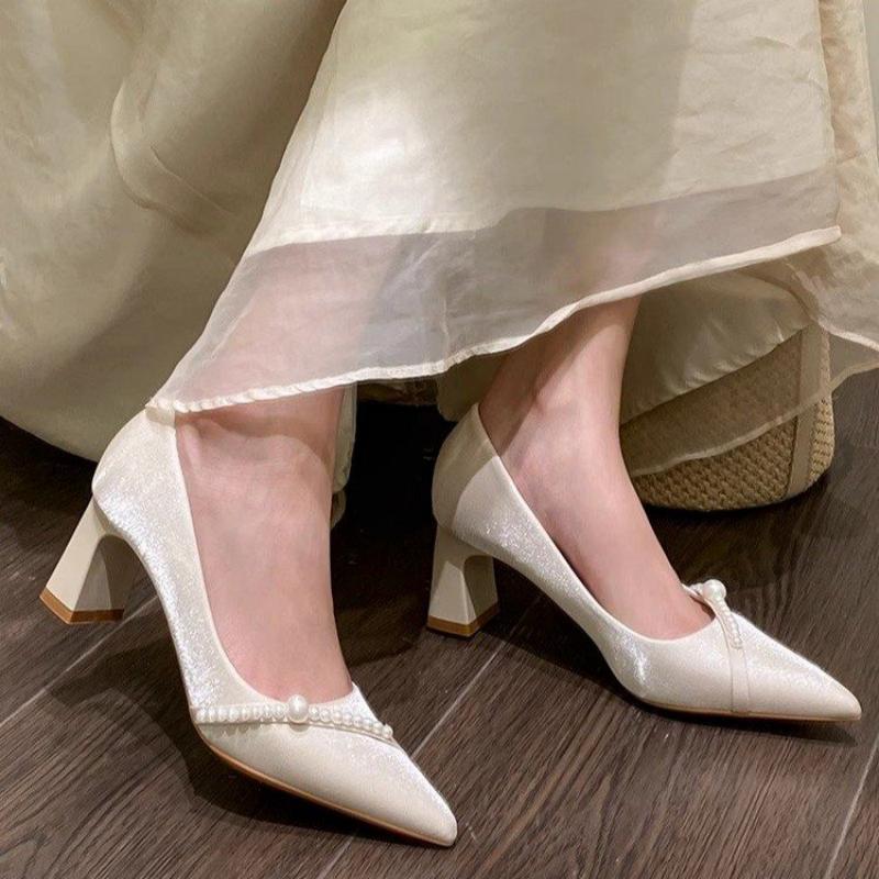 Men Shoes Elegant - エレガントなパール装飾のポインテッドトゥブロックヒール、優しいスタイルのコンフォートパンプス、女性用クラシックオフィスドレスシューズ