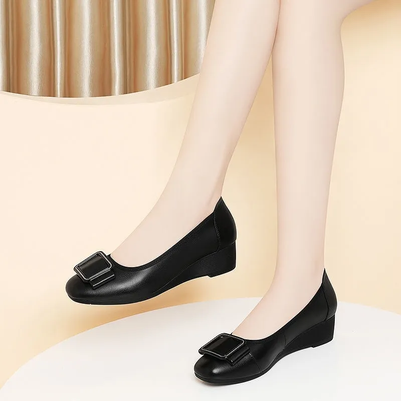 Men Shoes Elegant - zapatos de mujer 女性のかわいいラウンドトゥ軽量ブラックパテントレザースプリングスリッポンウェッジヒールシューズオフィスワークシューズ a583