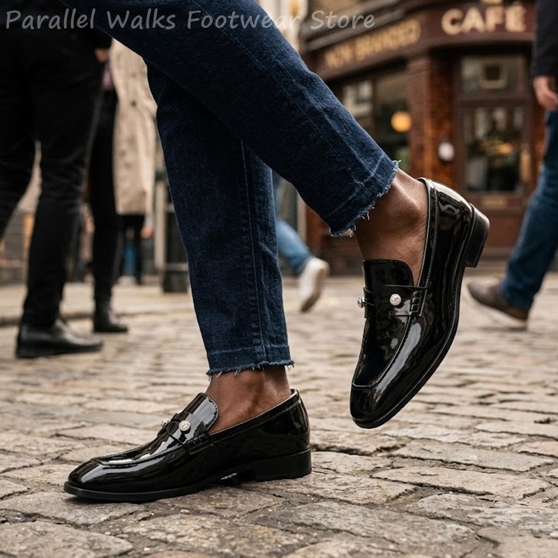 Men'S Shoes Smart - メンズブラックパテントフェイクスエードラインストーンローファー スリッポン ドレスシューズ クリスタル スマートカジュアル タキシード
