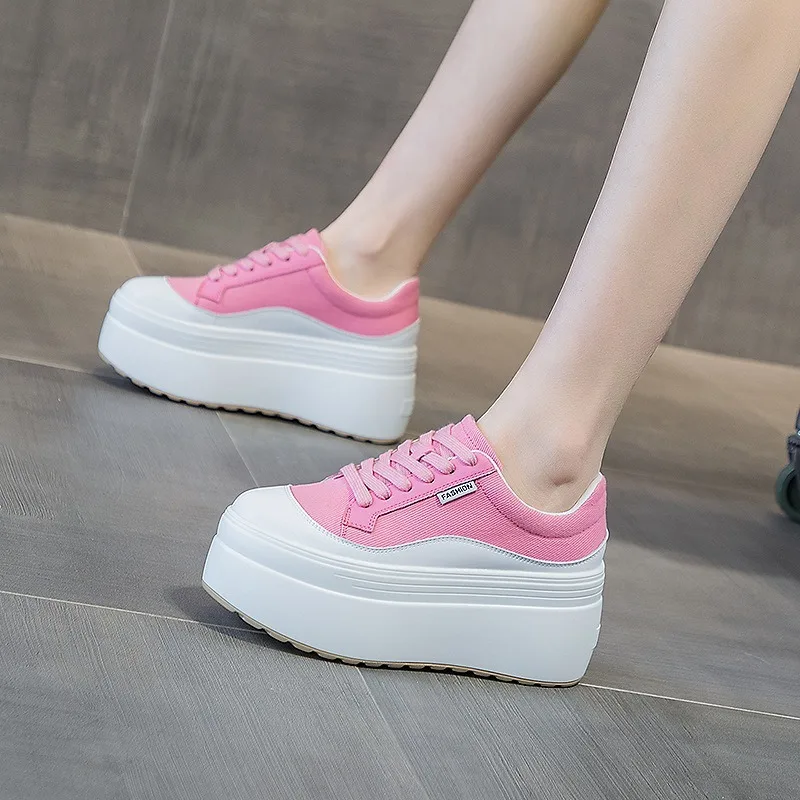 女性用本革スニーカー,プラットフォームシューズ,隠しヒール, - Canvas Sneaker High のレビューと価格