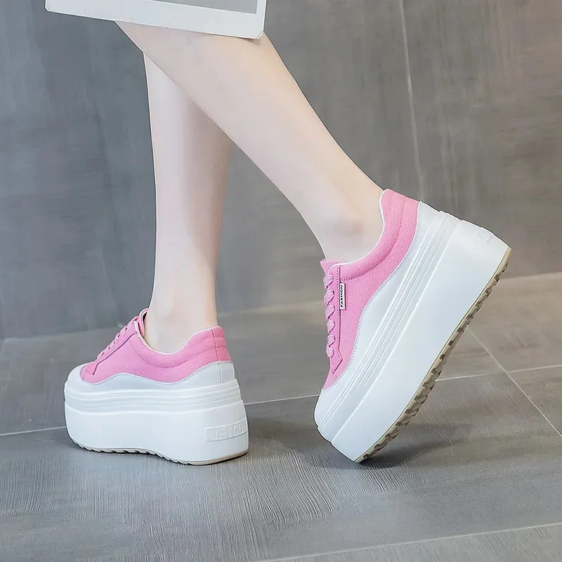 女性用本革スニーカー,プラットフォームシューズ,隠しヒール, - Canvas Sneaker High のレビューと価格