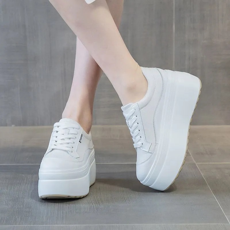 女性用本革スニーカー,プラットフォームシューズ,隠しヒール, - Canvas Sneaker High のレビューと価格