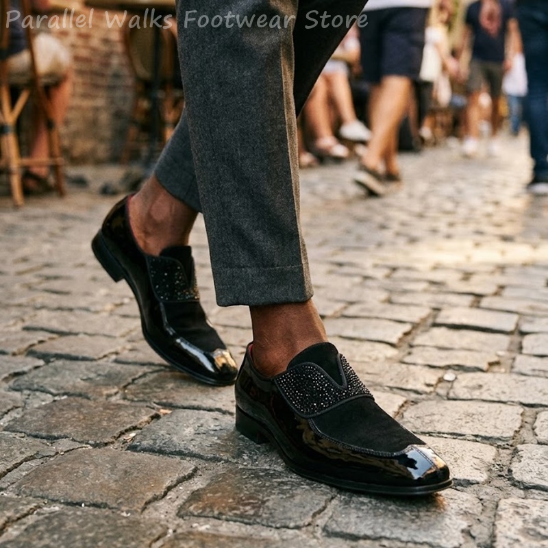 メンズブラックパテントフェイクスエードラインストーンローファ - Men'S Shoes Smart のレビューと価格