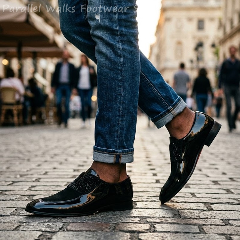 メンズブラックパテントフェイクスエードラインストーンローファ - Men'S Shoes Smart のレビューと価格