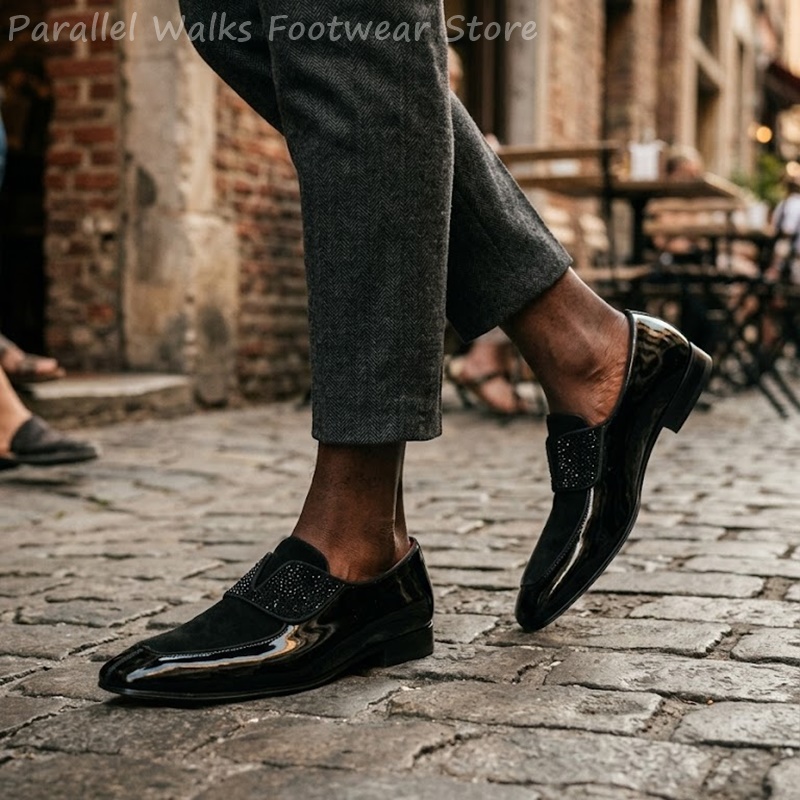 メンズブラックパテントフェイクスエードラインストーンローファ - Men'S Shoes Smart のレビューと価格