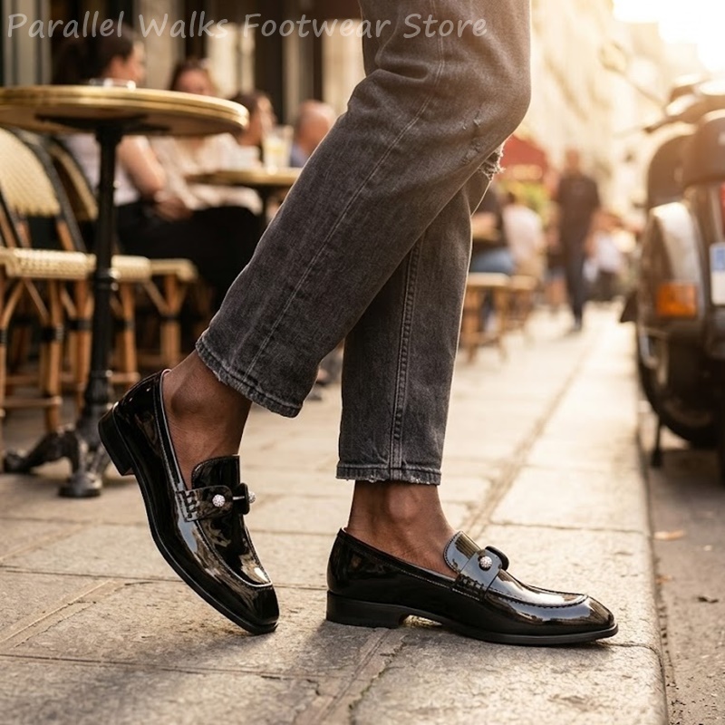 メンズブラックパテントフェイクスエードラインストーンローファ - Men'S Shoes Smart のレビューと価格