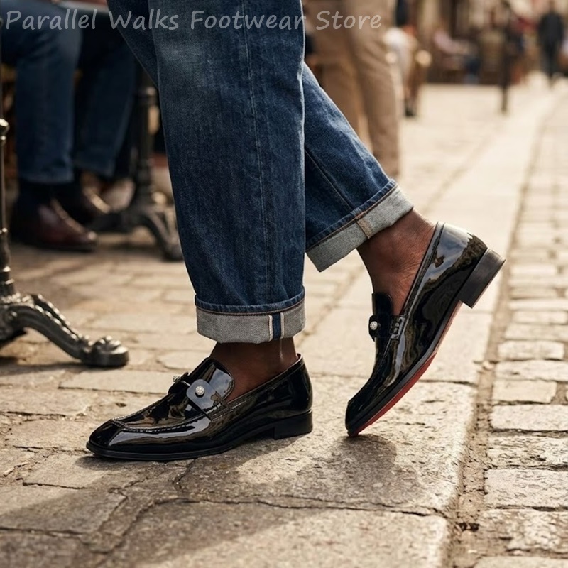 メンズブラックパテントフェイクスエードラインストーンローファ - Men'S Shoes Smart のレビューと価格
