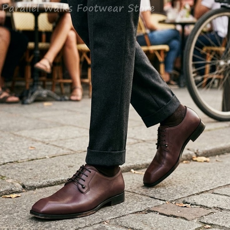メンズダークブラウンレザーダービーシューズスクエアトゥレース - Men'S Shoes Smart のレビューと価格